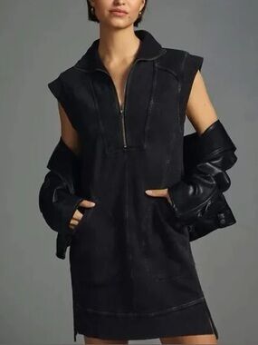 daily practice by anthropologie meru zip-front mini dress in black/charcoal